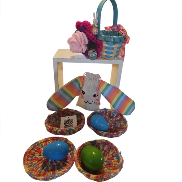 Hand Knit Crochet Easter Bundle Upcycled Eggs 4pc Set Coaster Pastel colors 10pc - Picture 5 of 17